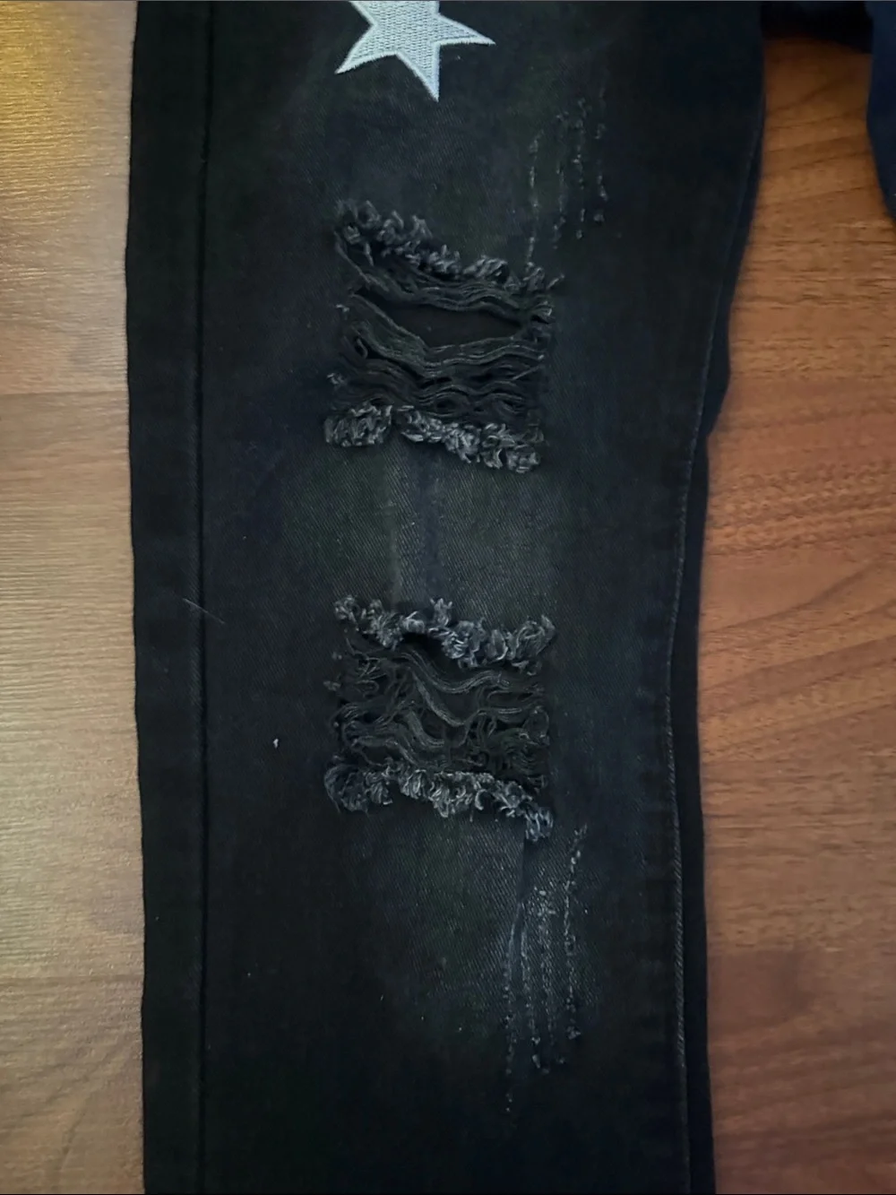 Black Distressed Men's Jeans with Star Patches